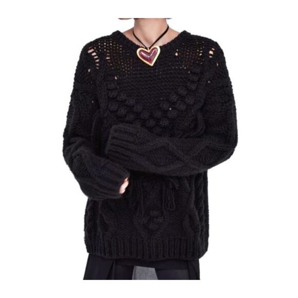 Zara Women's Black Cable Knit Fringe M Sweater Oversized Fisherman Whimsygoth - Picture 2 of 11